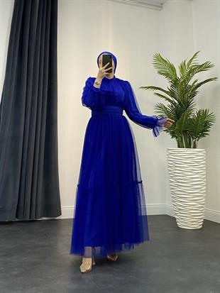 Kolları Fırfır Detay Drapeli Abiye Saks