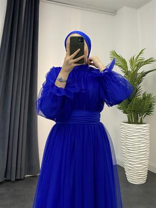 Kolları Fırfır Detay Drapeli Abiye Saks