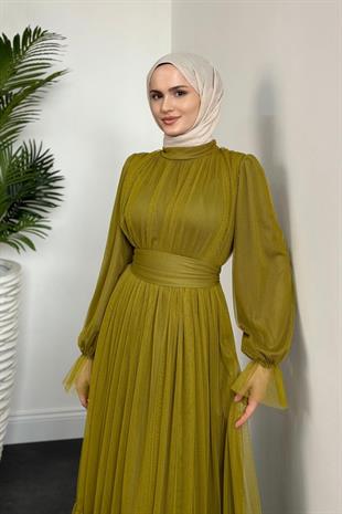 Kolları Fırfır Detay Drapeli Abiye Yağ Yeşili