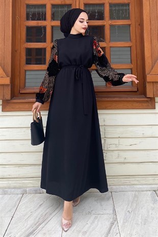 Kolları Kadife Desenli Elbise Siyah