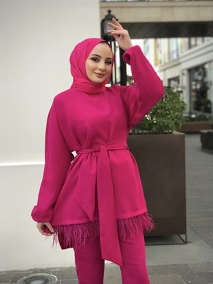 Kolları Lastikli Tüy Detay Takım Pembe