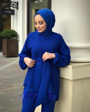 Kolları Lastikli Tüy Detay Takım Saks