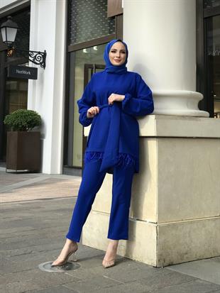 Kolları Lastikli Tüy Detay Takım Saks