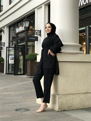 Kolları Lastikli Tüy Detay Takım Siyah