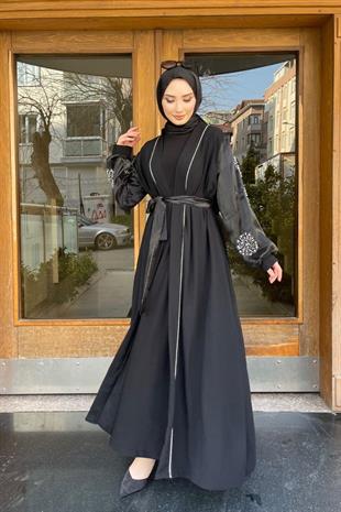 Kolları Organize Tül Abaya Siyah