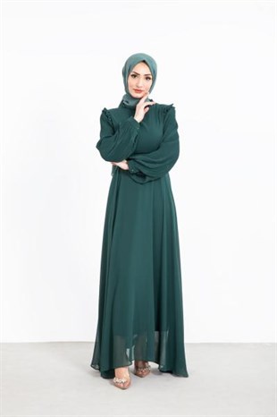 Kolları Pileli Kuşaklı Şifon Elbise Yeşil