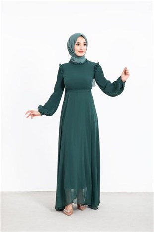 Kolları Pileli Kuşaklı Şifon Elbise Yeşil