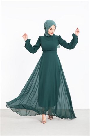 Kolları Pileli Kuşaklı Şifon Elbise Yeşil