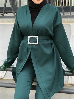 Kolları Tüylü Taş Kemerli Pantolonlu Takım Haki