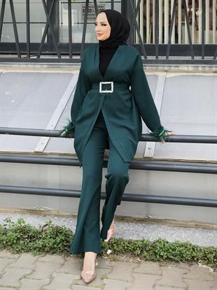 Kolları Tüylü Taş Kemerli Pantolonlu Takım Haki