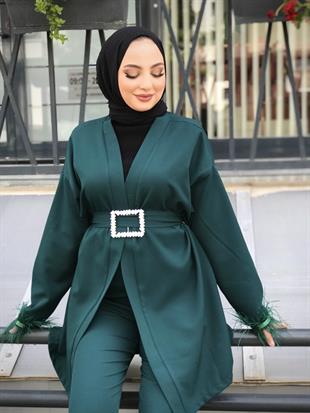 Kolları Tüylü Taş Kemerli Pantolonlu Takım Haki