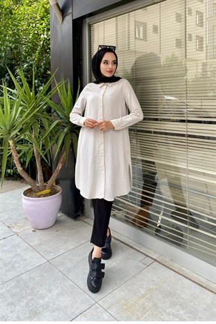 Kolları ve Önden Düğmeli Tunik Bej