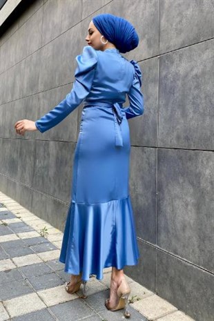 Kolu Büzgülü Kemerli Saten Abiye İndigo