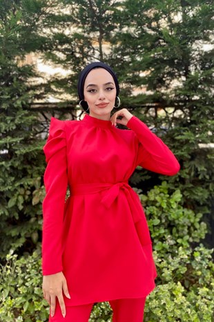 Kolu Büzgülü Pantolonlu Tesettür Takım Kırmızı