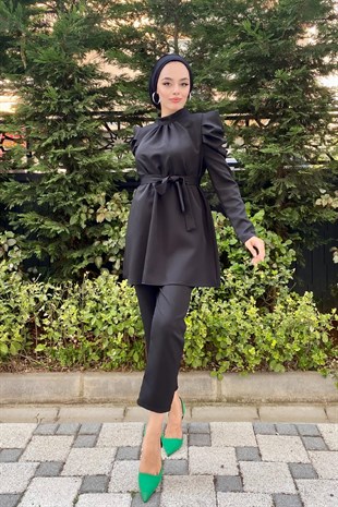 Kolu Büzgülü Pantolonlu Tesettür Takım Siyah