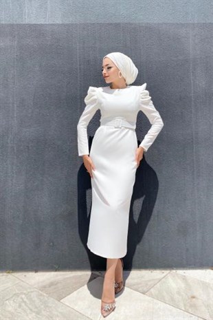 Kolu Detaylı Kemerli Elbise Beyaz