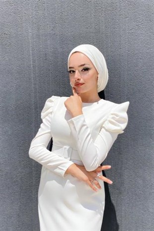 Kolu Detaylı Kemerli Elbise Beyaz