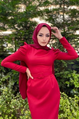 Kolu Detaylı Kemerli Elbise Bordo