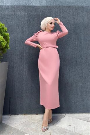 Kolu Detaylı Kemerli Elbise Pudra