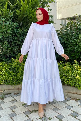 Kolu Fırfırlı Poplin Tesettür Elbise Beyaz