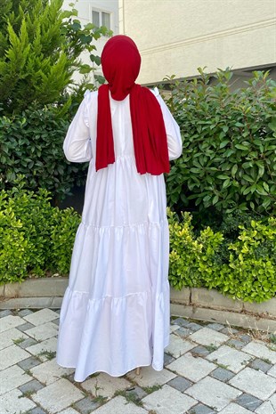 Kolu Fırfırlı Poplin Tesettür Elbise Beyaz