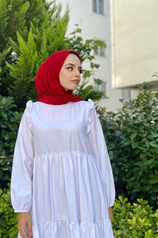 Kolu Fırfırlı Poplin Tesettür Elbise Beyaz