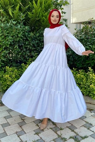 Kolu Fırfırlı Poplin Tesettür Elbise Beyaz
