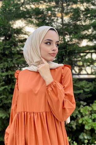 Kolu Fırfırlı Poplin Tesettür Elbise Kiremit
