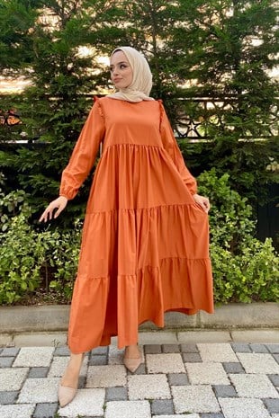 Kolu Fırfırlı Poplin Tesettür Elbise Kiremit
