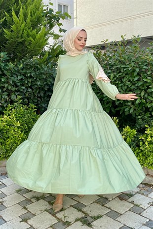 Kolu Fırfırlı Poplin Tesettür Elbise Mint