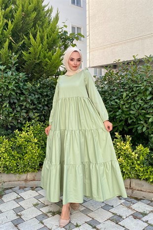 Kolu Fırfırlı Poplin Tesettür Elbise Mint