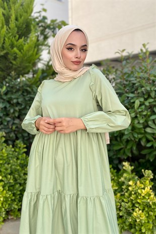 Kolu Fırfırlı Poplin Tesettür Elbise Mint