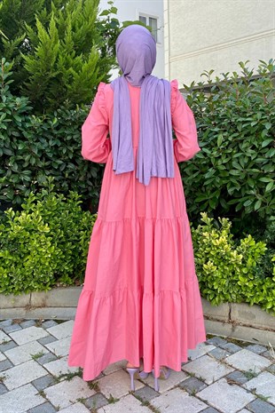 Kolu Fırfırlı Poplin Tesettür Elbise Pembe