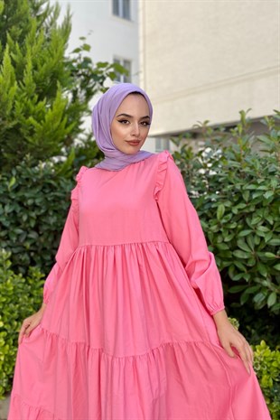 Kolu Fırfırlı Poplin Tesettür Elbise Pembe