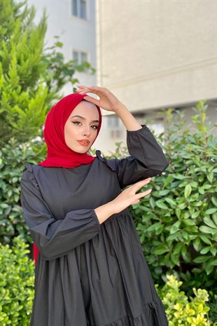 Kolu Fırfırlı Poplin Tesettür Elbise Siyah