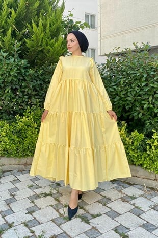 Kolu Fırfırlı Poplin Tesettür Elbise Sarı