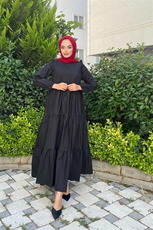 Kolu Fırfırlı Poplin Tesettür Elbise Siyah