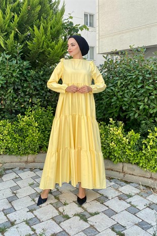 Kolu Fırfırlı Poplin Tesettür Elbise Sarı