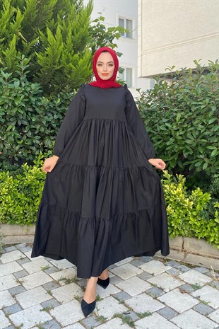 Kolu Fırfırlı Poplin Tesettür Elbise Siyah