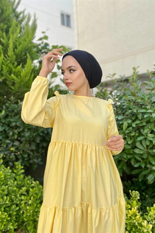 Kolu Fırfırlı Poplin Tesettür Elbise Sarı