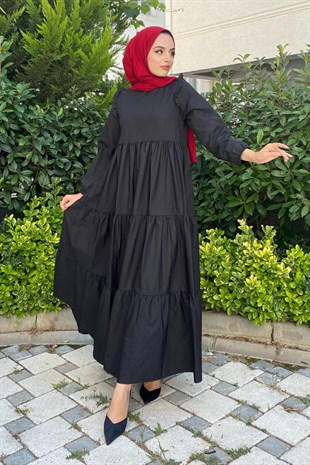 Kolu Fırfırlı Poplin Tesettür Elbise Siyah