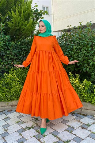 Kolu Fırfırlı Poplin Tesettür Elbise Turuncu