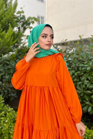 Kolu Fırfırlı Poplin Tesettür Elbise Turuncu
