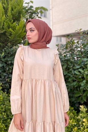 Kolu Fırfırlı Poplin Tesettür Elbise Vizon