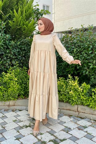 Kolu Fırfırlı Poplin Tesettür Elbise Vizon