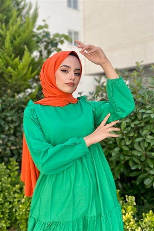 Kolu Fırfırlı Poplin Tesettür Elbise Yeşil