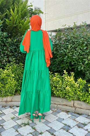 Kolu Fırfırlı Poplin Tesettür Elbise Yeşil