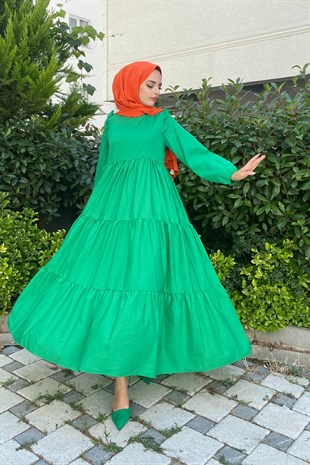 Kolu Fırfırlı Poplin Tesettür Elbise Yeşil