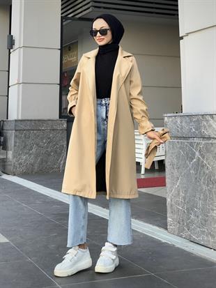 Kolu Fırfırlı Trençkot Krem