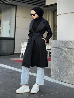 Kolu Fırfırlı Trençkot Siyah